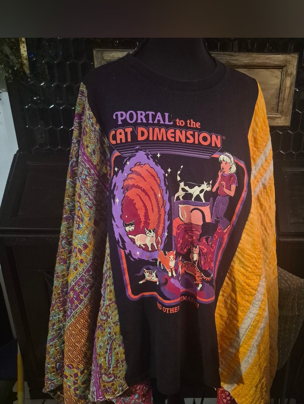 Upcycled Handmade Poncho Shawl Cat Dimension